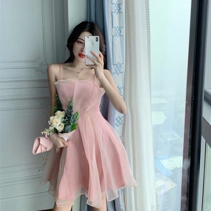 ❤️現貨在台，粉S-L 氣質 性感 仙女 吊帶 細肩帶 連衣裙 洋裝 歐根紗 蓬蓬裙 小禮服 禮服 伴娘 粉紅