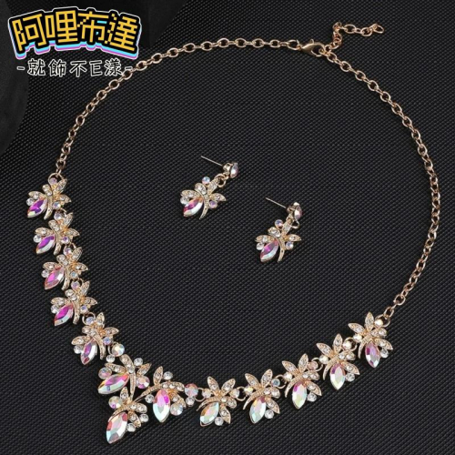 【阿哩布達】?【套鍊組】台灣現貨 快速出貨TL56 美麗新娘 AB彩鑽水晶花朵流蘇項鍊耳環套組 二件組 新秘 新娘項鍊