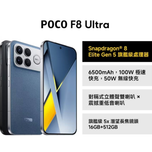 Poco F8 Ultra. 16/512G. 藍 和 黑 全新未拆