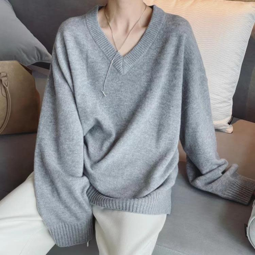 DearGod正韓女裝歐洲站2022秋冬歐貨簡約V領全羊毛針織衫慵懶風高級感純色毛衣女