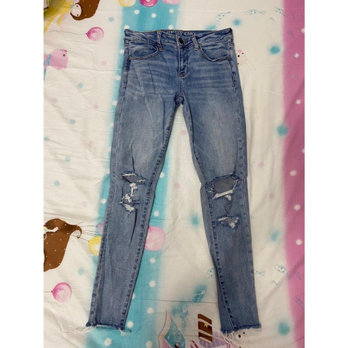 二手 女 AMERICAN EAGLE 牛仔長褲 藍色 4號 破壞 不收邊 美國 老鷹 品牌 日本 門市古著