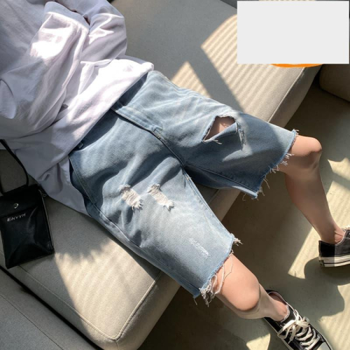 夏季薄款破洞牛仔短褲男安西卡寬鬆休閒男士五分褲五分褲短褲潮N605