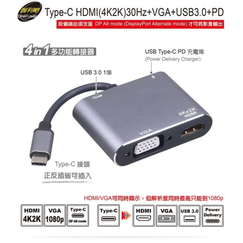 伽利略 Type-C HDMI（4K2K）30Hz + VGA + USB3.0 + PD （CRHU09）