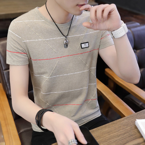 2021新款夏季男士短袖T恤條紋潮流修身半袖男裝體恤韓版上衣服?