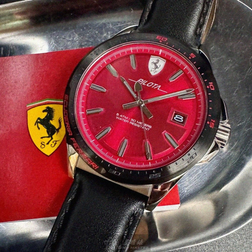 FERRARI手錶,編號FE00081,46mm銀錶殼,深黑色錶帶款