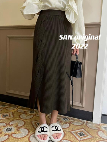 DearGod正韓女裝SAN original針織半身裙女冬季正韓松緊腰顯瘦加厚皺褶開叉中長裙