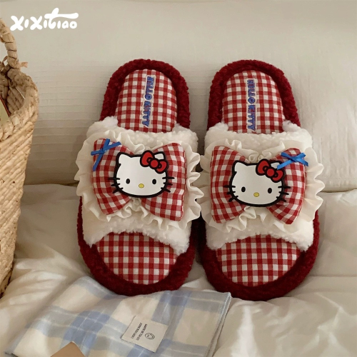 正品 可愛HelloKitty一字棉拖鞋 地板防滑可愛毛毛拖鞋 室內拖鞋