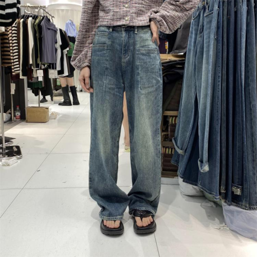 DearGod正韓女裝Palace.宮復古牛仔褲女秋季Chic高腰顯瘦百搭水洗直筒闊腿褲長褲