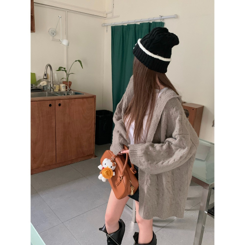 S435✨韓系/連帽麻花毛衣外套/慵懶風/休閒風/奶茶色/大地色/燈籠袖/針織開衫/針織外套/帽子外套/連帽外套