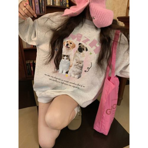 V472✨現貨/貓咪/狗狗/印花/大學踢/大學T/衛衣/純棉/中長款/圓領/百搭/長袖上衣/INS/學院風/OOTD