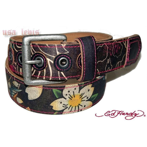 【美國Levis專賣】優惠ED HARDY 帆布拼接真牛皮 鐵環 花卉 飛翼 寶劍 黑 超厚皮帶26-29腰S號