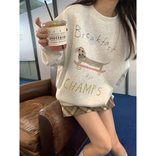 V479✨韓系/狗狗滑板印花/大學踢/衛衣/長袖上衣/大學T/可愛/小狗/圖案T/OOTD/日常穿搭/學生必備/滑板狗