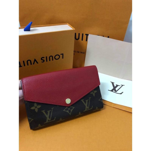 LOUIS VUITTON LV 經典 原花字紋 紅色內裡 牛皮 中夾