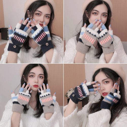 半指翻蓋手套女秋冬季韓版加厚針織保暖學生寫字防寒漏指可愛毛絨