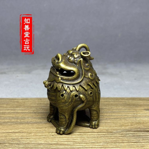 銅神獸甪端小香爐擺件 黃銅神獸帶蓋子銅香爐迷你薰香爐