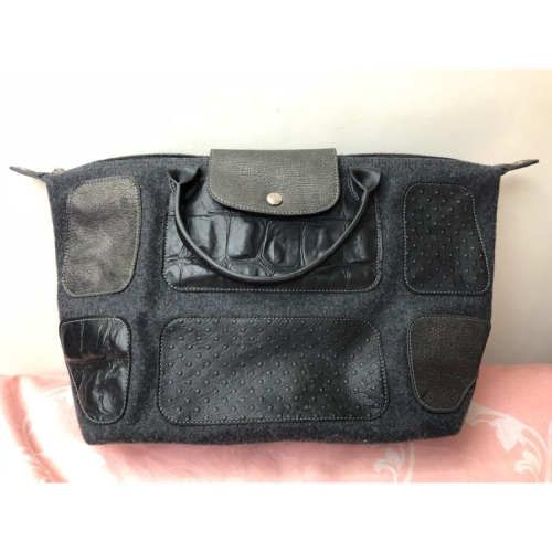 long champ Le Pliage秋冬真皮毛呢拼接手提包