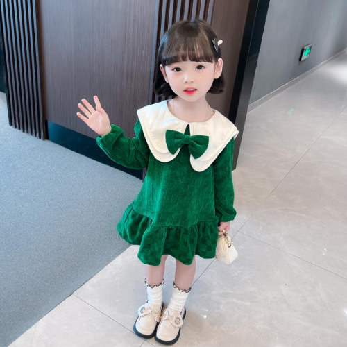寶貝童裝女童春款連身裙女寶寶春季洋氣綠色公主裙中小童春裝正韓休閒裙子洋裝
