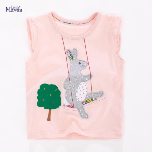 寶貝童裝卡通兔子女童刺繡t恤1-8歲童裝夏季兒童衣服寶寶純棉上衣女孩無袖