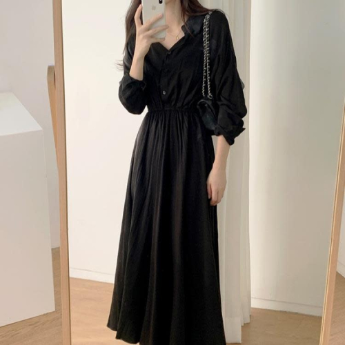 DearGod正韓女裝早秋連身裙長款2022新款優雅POLO領簡約單排扣收腰氣質襯衫裙子洋裝女