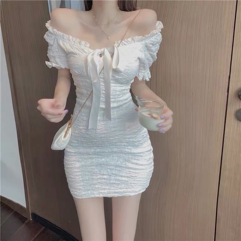 ❤️現貨在台 性感 女神 婚宴 尾牙 一字領 露肩 美肩 收腰 法式 短袖 連衣裙 氣質 顯瘦 性感 包臀 洋裝 禮服