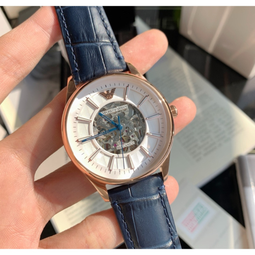 Emporio Armani 鏤空面盤 藍色皮帶 AR1947 阿瑪尼 自動上鍊機械錶
