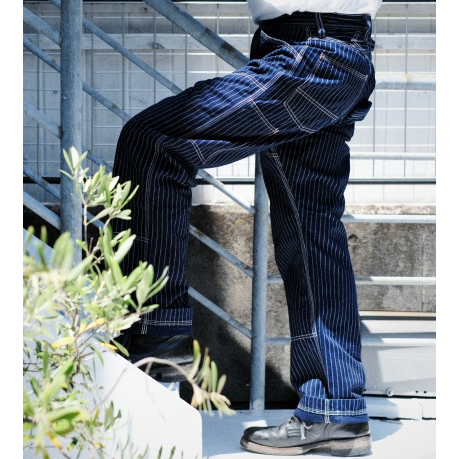 復刻 Freewheelers WABASH 藍染帆布 9口袋工裝褲 高腰寬鬆直筒 重機褲 藍染INDIGO 全埋夾工藝