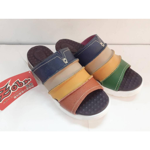 [kikishoes]路豹Zobr 全新底檯 真皮拖鞋 彩虹鞋面百褶款 專利彈力氣墊涼拖鞋台灣製非對稱顏色鞋面