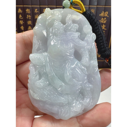 天然翡翠A貨-乘龍關聖帝君迦藍菩薩立體厚庄掛件 商品編號071505