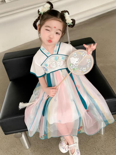 寶貝童裝女童漢服連身裙夏款女寶寶洋氣時髦中國風復古公主裙兒童夏裝裙子洋裝