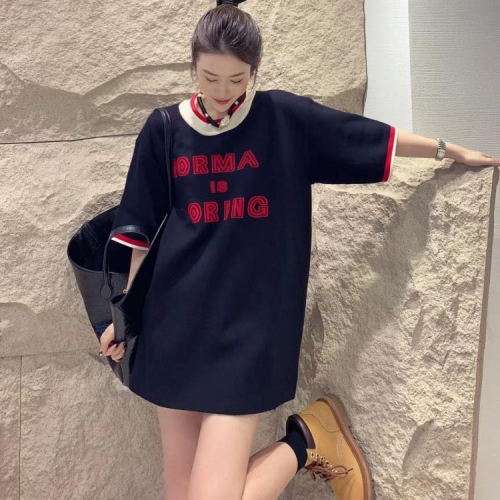 DearGod正韓女裝歐洲站2022秋季新款圓領休閒字母拼色短袖中長款針織T恤連身裙潮