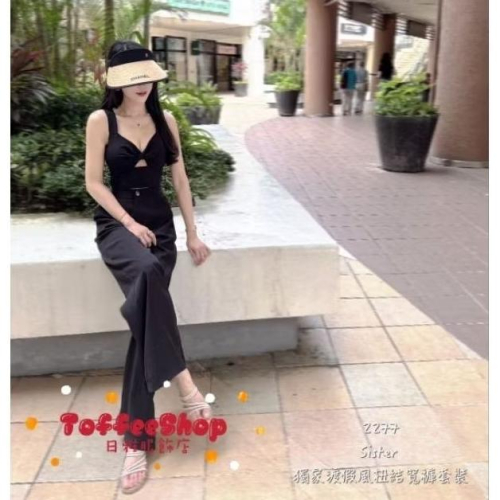 ❤️現貨黑❤️2277獨家獨家風扭結上衣+鬆緊腰圍寬褲兩件式套裝