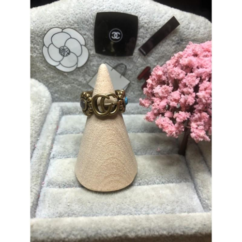 GUCCI 超美 彩色寶石 復古金 雙G 二手 造型 開口 戒指