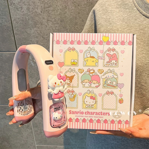 正品 夏天hellokitty無葉掛脖風扇 便攜式隨身2025新凱蒂貓usb充電扇