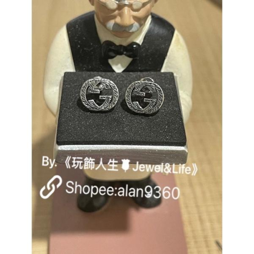 GUCCI 超美 百搭 迷你 復古銀色 雕花 二手 LOGO 造型 耳環
