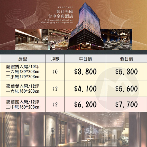 (瑪利歐)台中廣三SOGO對面~日華金典酒店『精緻2人/豪華2人/豪華4人房』住宿含早餐+溫水泳池+三溫暖$3300起