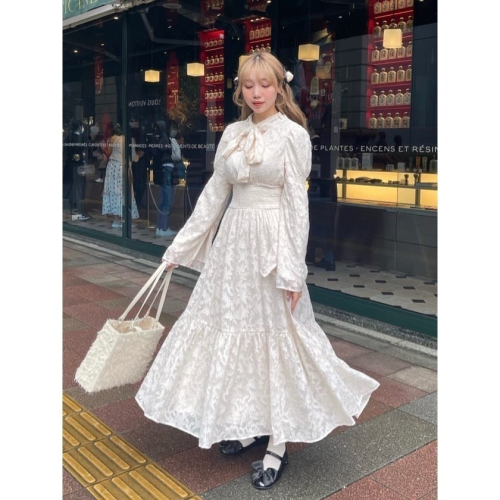 甜心貓?現貨！日本追加款# 日單 NICE CLAUP 甜美水彩印花蕾絲馬克司束腰泡泡喇叭長袖洋裝 多色 連衣裙