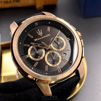 MASERATI:手錶,型號:R8871621012,男女通用錶44mm玫瑰金錶殼黑色錶面矽膠錶帶款