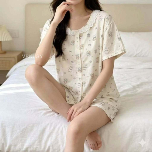 VENUSY漢南小姐｜正韓 - 輕盈垂墜冰感亞麻棉柔家居服．法式翻領開襟排扣套裝．睡衣套裝