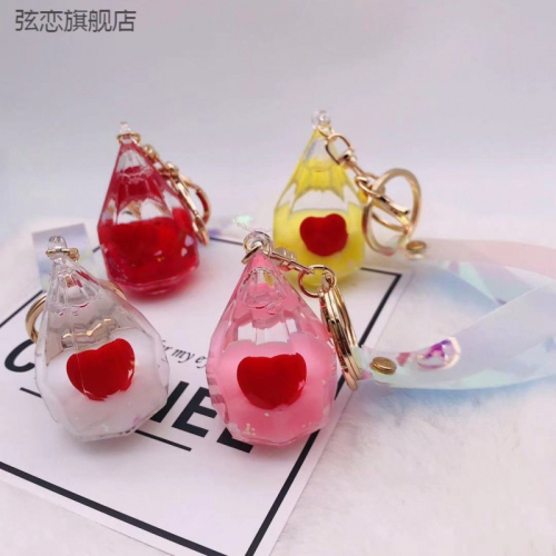 創意入油流沙水滴海洋愛心鑰匙扣亞克力亮片漂浮瓶包掛件汽車掛