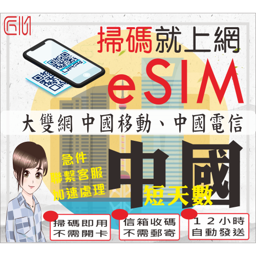 ├匠心_eSIM┤大雙網 中國移動 短天數 中國網卡 中國網卡 吃到飽 免翻牆 中國電話卡 中國網路卡 中國sim卡