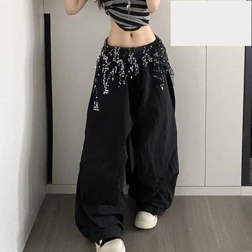 速乾ins夏季新款美式迭穿亮片綁帶闊腿寬鬆薄款跳舞休閒褲潮