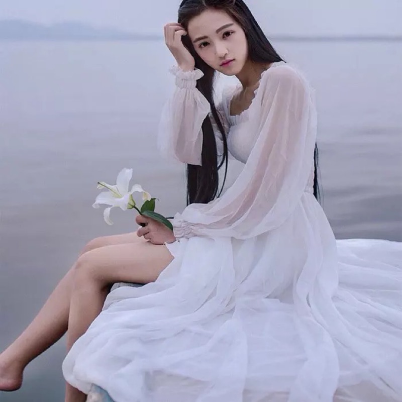 ❤️現貨在台 性感 方領 沙灘 海邊 度假 長裙 文藝 森林系 大擺 仙女 雪紡 連衣裙 洋裝 禮物 飄逸 大擺