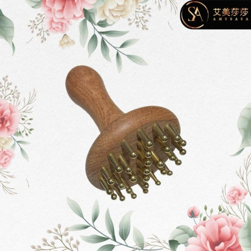 艾美莎莎?現貨 黃銅木手柄式經絡刷 黃銅經絡刷 黃銅長柄經絡 美體刷 黃銅梳 指環梳 頭皮按摩梳 經絡刷 銅梳 黃銅經絡