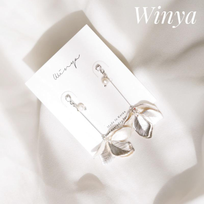 【Winya 韓國飾品 現貨 】正韓 光亮銀葉耳環 氣質 夾式耳環 銀