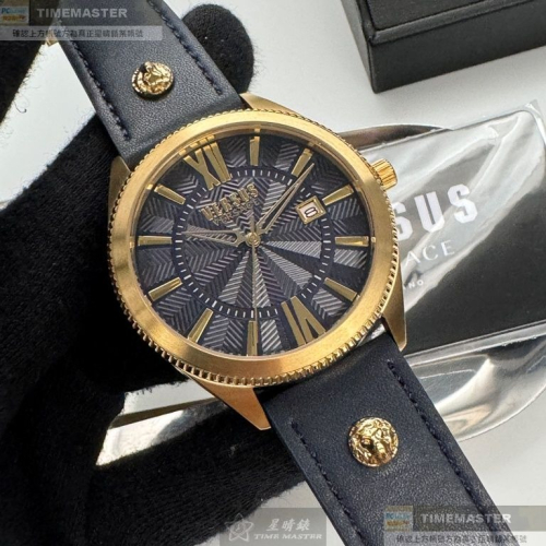 VERSUS VERSACE:手錶,型號:VV00381,男錶44mm金色錶殼黑色幾何立體圖形錶面真皮皮革錶帶款