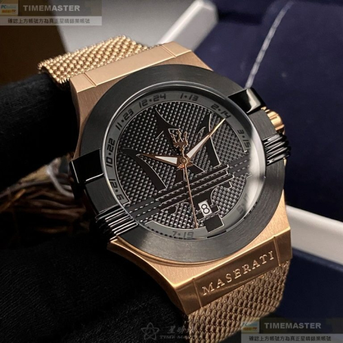 MASERATI:手錶,型號:R8853108009,男錶42mm玫瑰金錶殼黑色錶面米蘭錶帶款