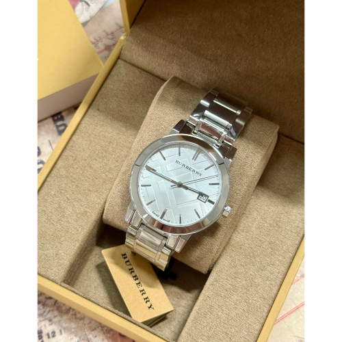 Burberry 格紋錶盤 銀色鋼帶 38mm 戰馬男錶 BU9000