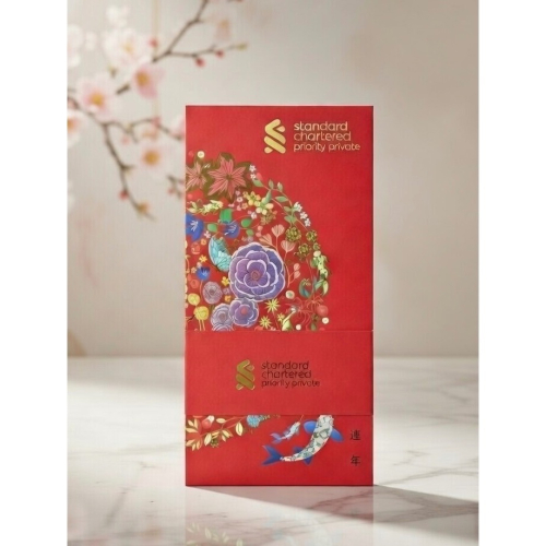 凸出立體燙金壓紋✨牡丹連年有餘，直式紅包袋，新加坡渣打私人銀行限量牡丹綻放，連年有餘承載滿滿的富貴與長久好運