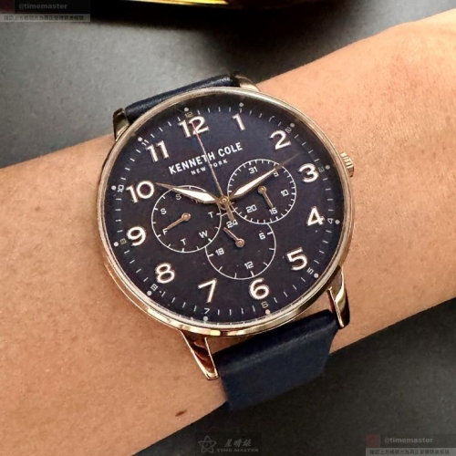 Kenneth Cole手錶,編號KC50801003,42mm玫瑰金錶殼,寶藍錶帶款