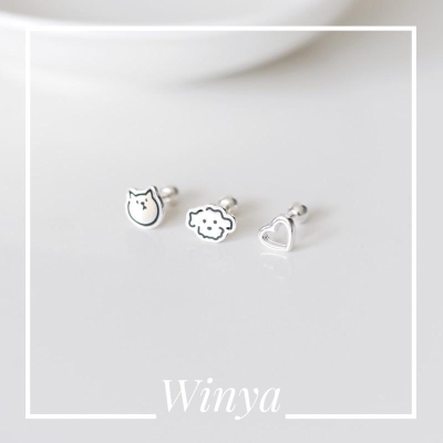 【Winya 韓國飾品 現貨 】正韓?? 925全純銀轉珠 可愛 狗狗 貓咪 愛心 轉珠耳環